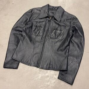 Vintage women's black genuine leather fitted jacket